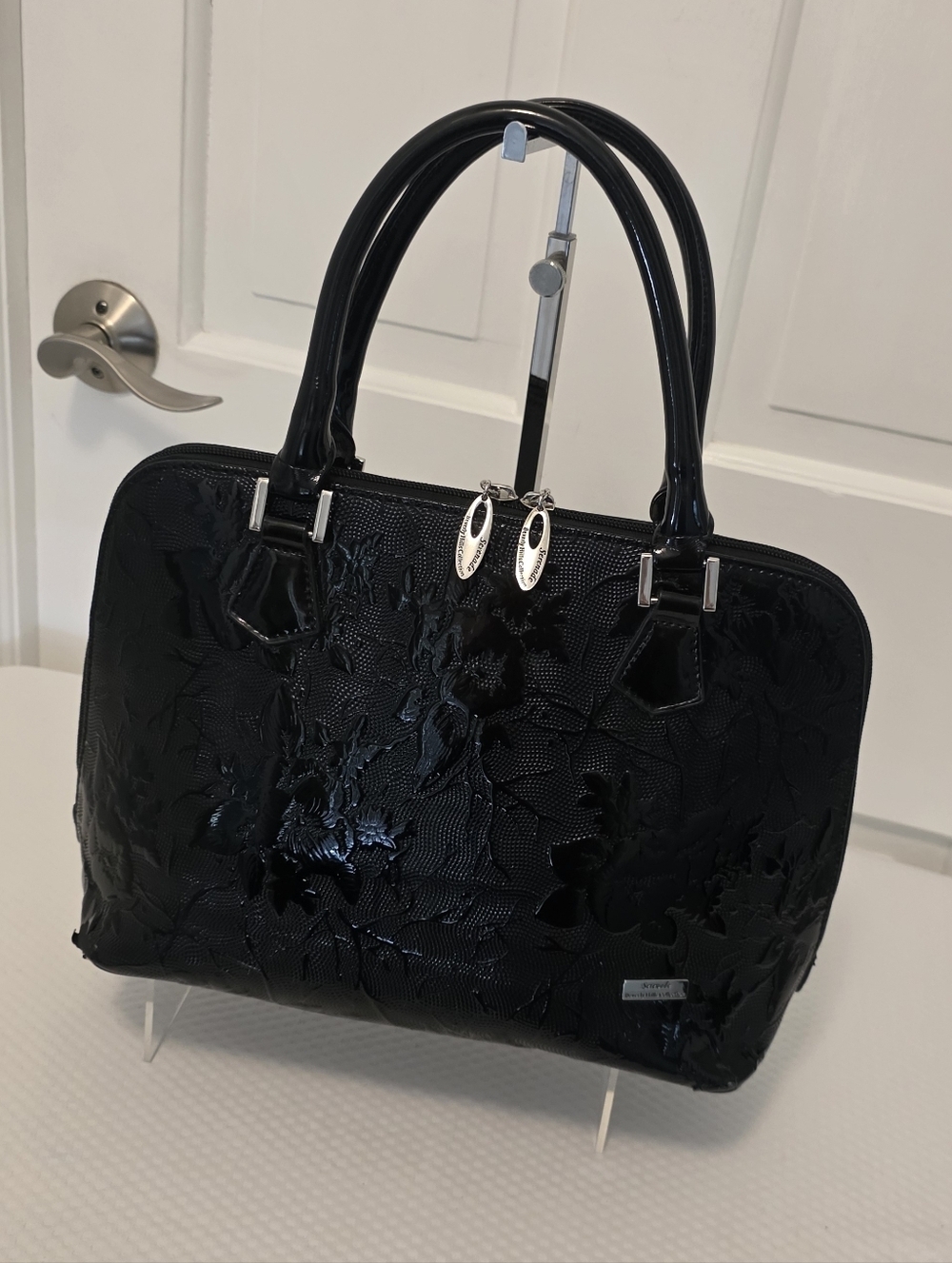 Serenade Beverly Hills Black Floral Embossed Patent Top-Handle Satchel, Classic